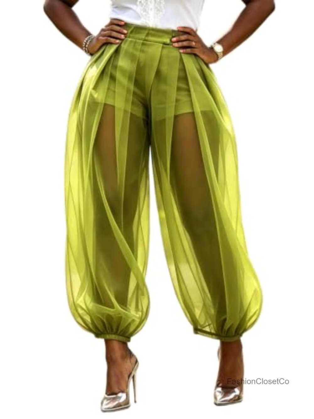 Women Sheer Tulle Mesh Balloon Pants High Waist Pleated Wide Leg Harem Trousers